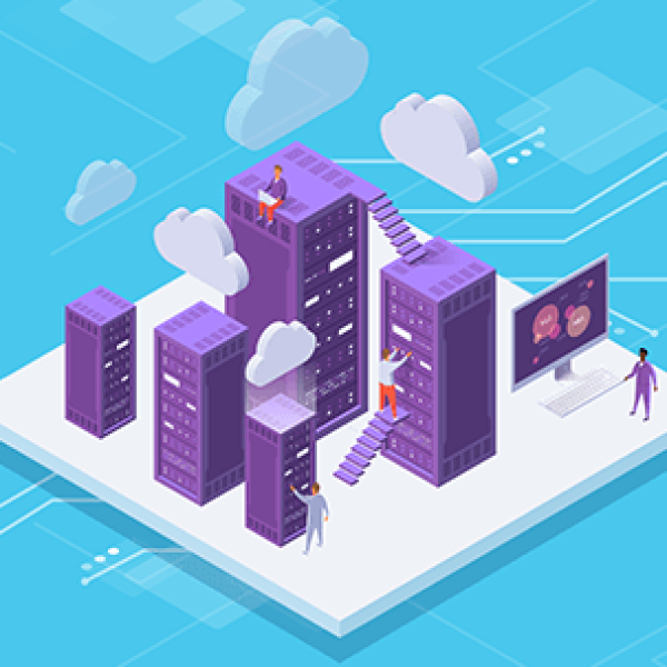 Illustration of people working on and around large purple server racks with stairs connecting them, clouds above, and a person at a computer monitor, symbolizing cloud computing and data management.