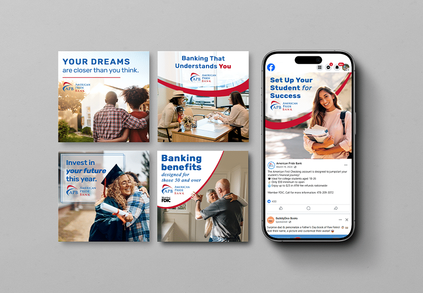 A set of four American First Bank promotional posters and a smartphone displaying the bank’s Facebook page, featuring diverse people smiling, studying, and discussing finances, with motivational banking and investment messages.