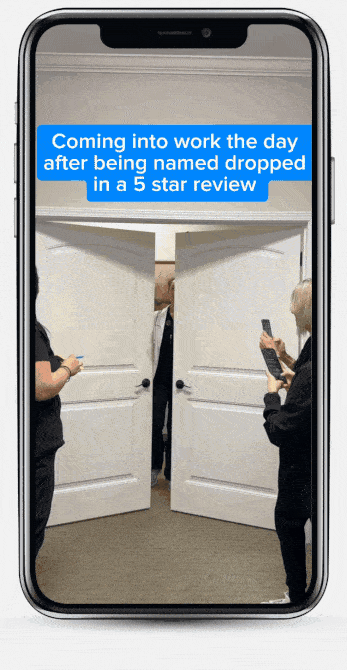 A phone screen shows someone dramatically entering double doors as others film. Text says Coming into work after a 5 star review.